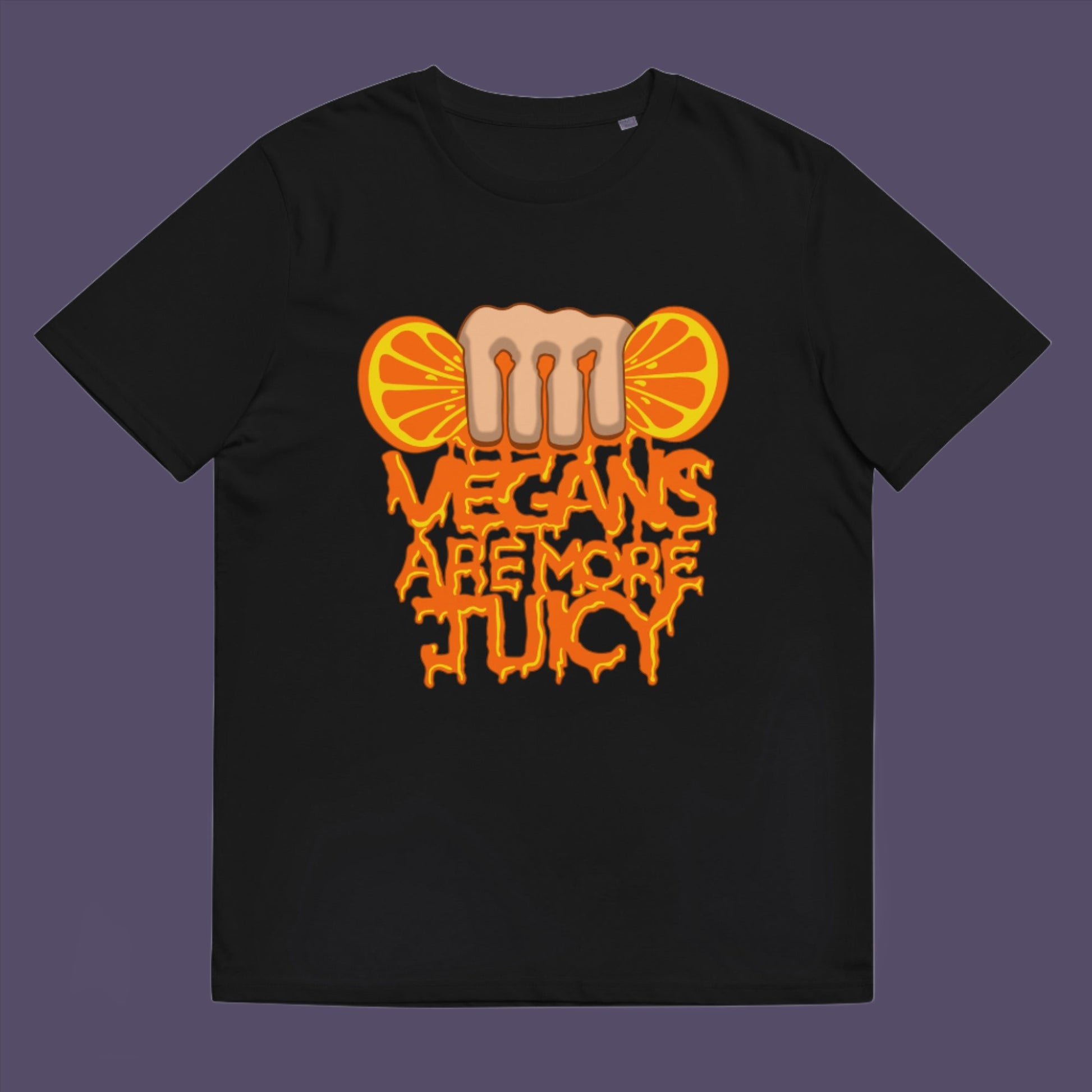 Black t-shirt. A plant based meat free t shirt design suggesting vegans drink more juices than most. Made from 100% organic ring-spun cotton, this vegan dairy free t shirt is unisex, high-quality, super comfy, and best of all, eco-friendly.