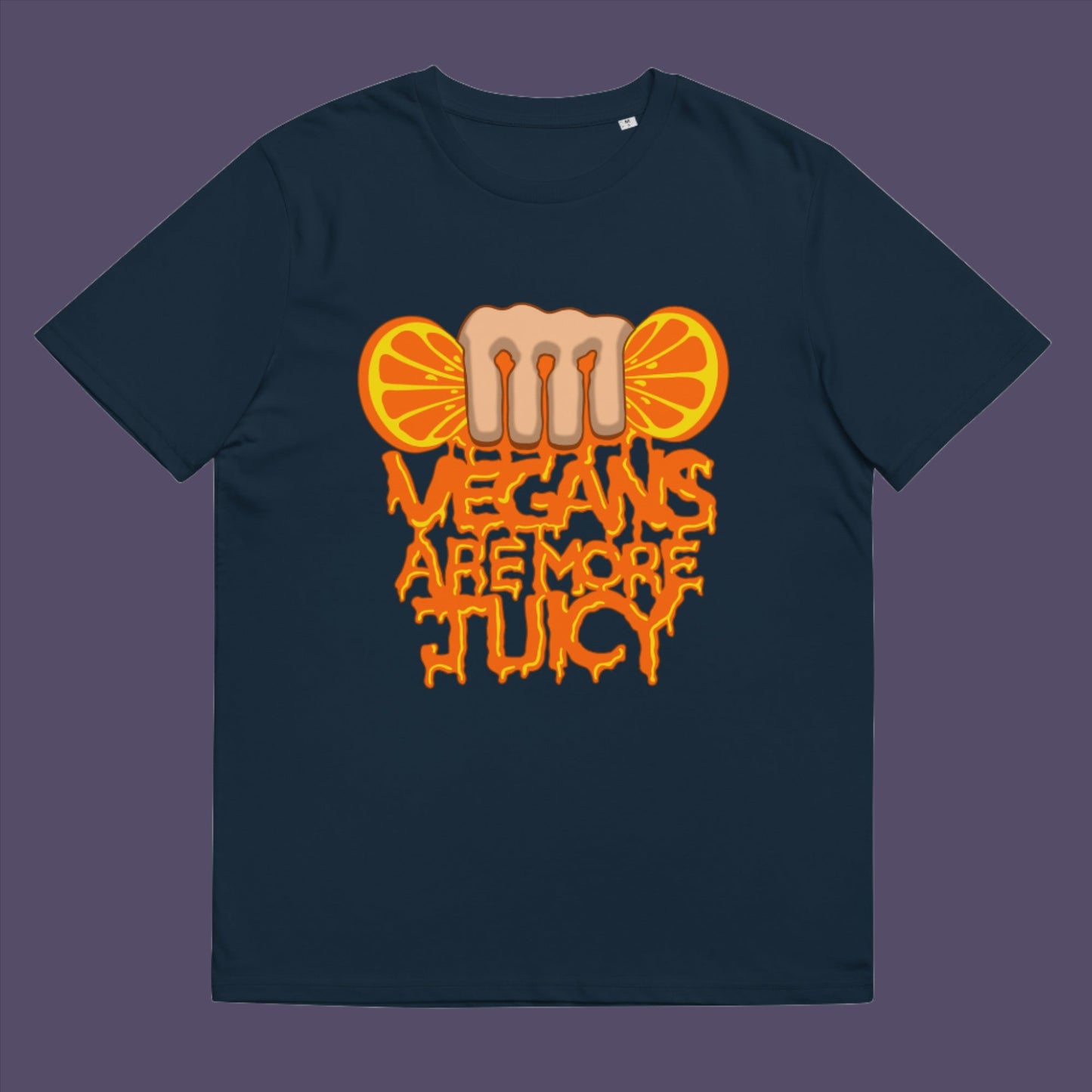 French navy t-shirt. A plant based meat free t shirt design suggesting vegans drink more juices than most. Made from 100% organic ring-spun cotton, this vegan dairy free t shirt is unisex, high-quality, super comfy, and best of all, eco-friendly.
