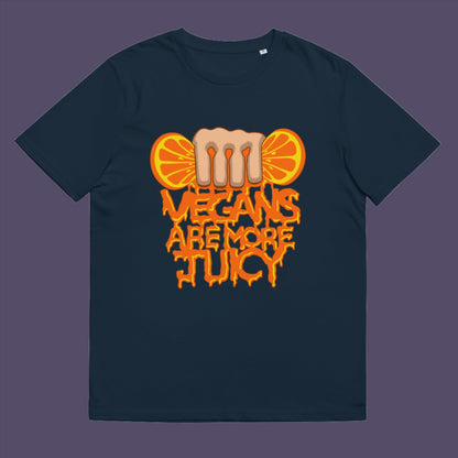 French navy t-shirt. A plant based meat free t shirt design suggesting vegans drink more juices than most. Made from 100% organic ring-spun cotton, this vegan dairy free t shirt is unisex, high-quality, super comfy, and best of all, eco-friendly.