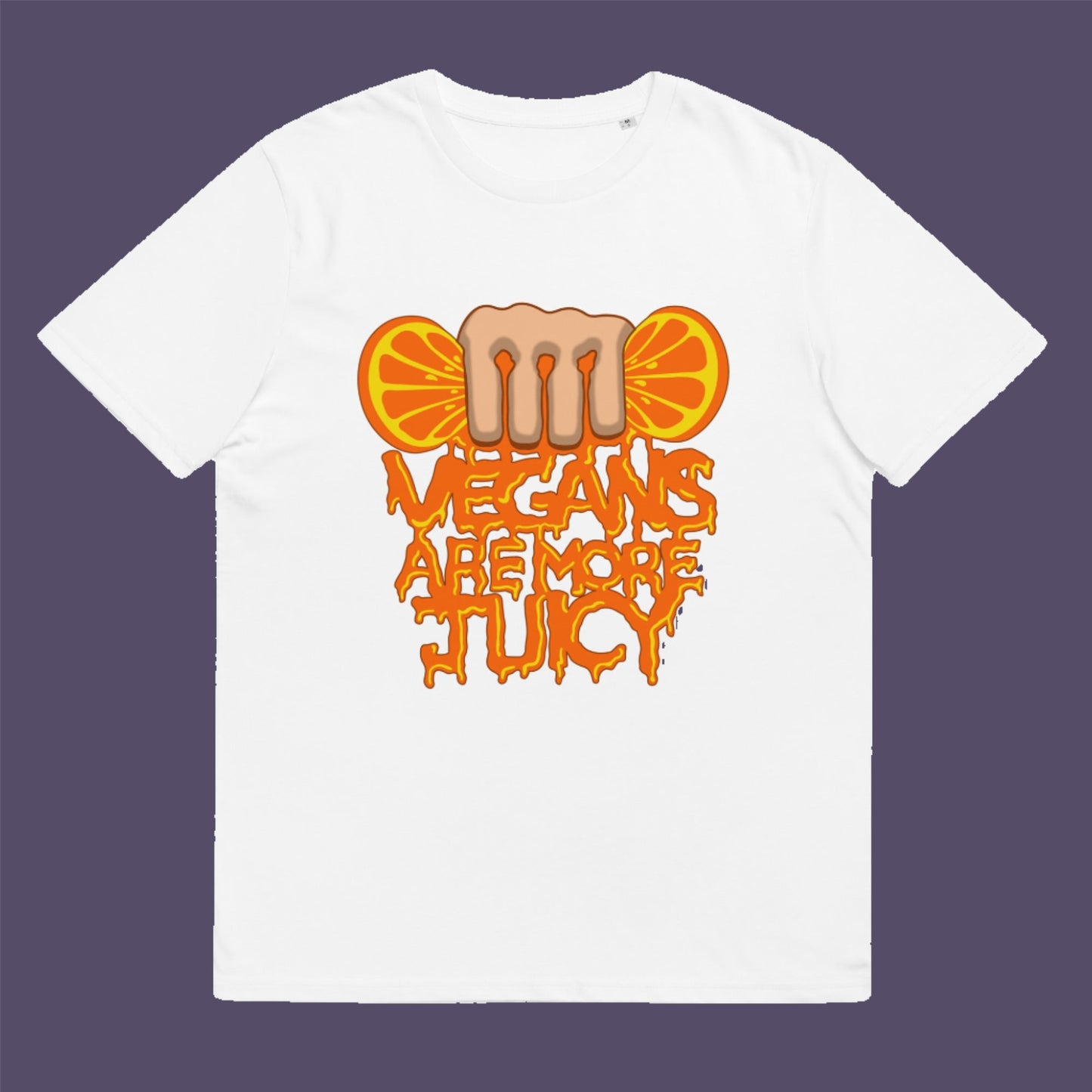 White t-shirt. A plant based meat free t shirt design suggesting vegans drink more juices than most. Made from 100% organic ring-spun cotton, this vegan dairy free t shirt is unisex, high-quality, super comfy, and best of all, eco-friendly.