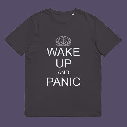 Anthracite t-shirt. This satirical 'stay calm' anti-establishment t-shirt suggests we have been calm too long and need of waking up and panic. Keeping calm got us into this mess, it's time to wake up. 100% organic ring-spun cotton, this anti-government t-shirt is unisex, high-quality, super comfy, and best of all, eco-friendly.
