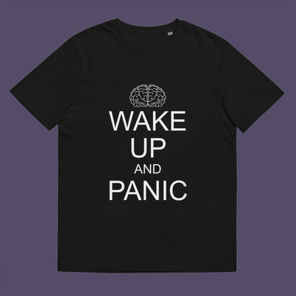 Black t-shirt. This satirical 'stay calm' anti-establishment t-shirt suggests we have been calm too long and need of waking up and panic. Keeping calm got us into this mess, it's time to wake up. 100% organic ring-spun cotton, this anti-government t-shirt is unisex, high-quality, super comfy, and best of all, eco-friendly.