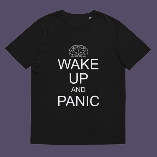 Black t-shirt. This satirical 'stay calm' anti-establishment t-shirt suggests we have been calm too long and need of waking up and panic. Keeping calm got us into this mess, it's time to wake up. 100% organic ring-spun cotton, this anti-government t-shirt is unisex, high-quality, super comfy, and best of all, eco-friendly.