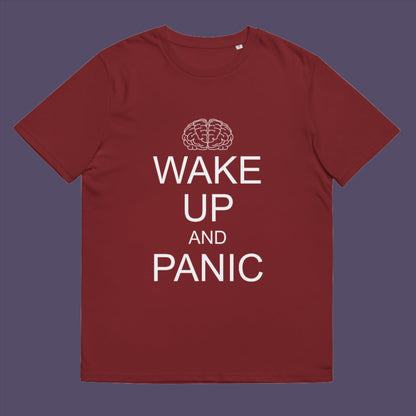 Burgundy t-shirt. This satirical 'stay calm' anti-establishment t-shirt suggests we have been calm too long and need of waking up and panic. Keeping calm got us into this mess, it's time to wake up. 100% organic ring-spun cotton, these political activist t shirt designs are unisex, high-quality, super comfy, and best of all, eco-friendly.