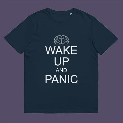 French navy t-shirt. This satirical 'stay calm' anti-establishment t-shirt suggests we have been calm too long and need of waking up and panic. Keeping calm got us into this mess, it's time to wake up. 100% organic ring-spun cotton, these political activist t shirt designs are unisex, high-quality, super comfy, and best of all, eco-friendly.