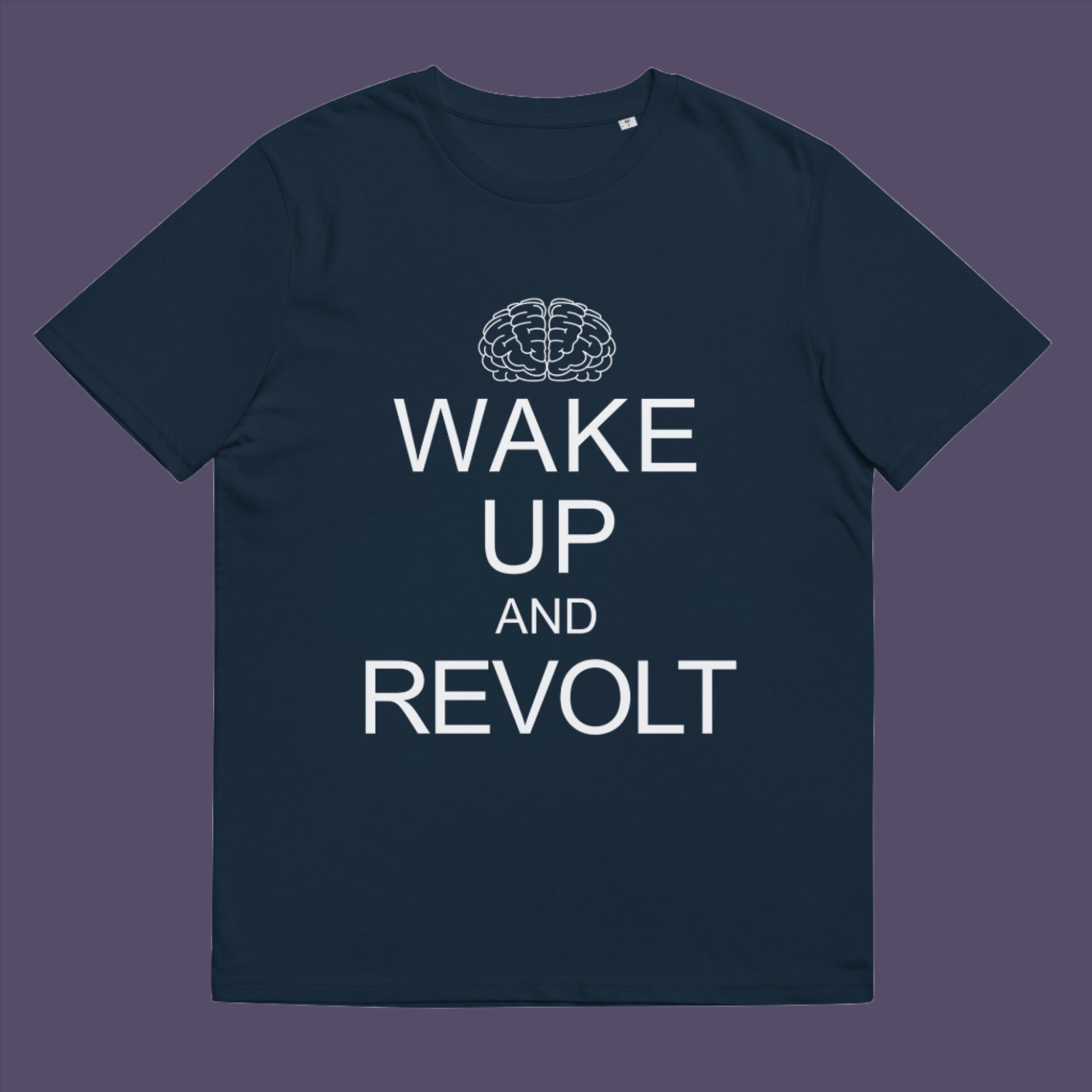 French navy t-shirt. This satirical 'stay calm' t-shirt suggests we have been calm too long and need of waking up and fighting for our right instead. Keeping calm got us into this mess, it's time to wake up. Made from 100% organic ring-spun cotton, this counterculture t-shirt is unisex, high-quality, super comfy, and best of all, eco-friendly.