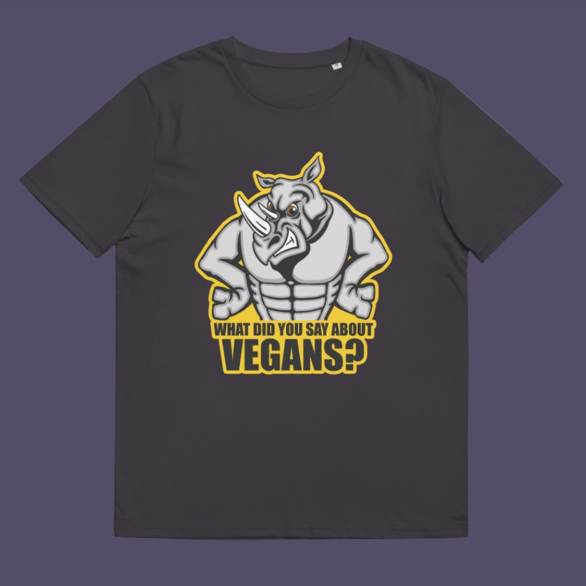 Anthracite t-shirt. This vegan t-shirt design questions social awareness of a meat and dairy free diet. There is a misconception that most vegans are skinny or unhealthy. Just look at a rhino. Made from 100% organic ring-spun cotton, this plant based t-shirt is unisex, high-quality, super comfy, and best of all, eco-friendly.