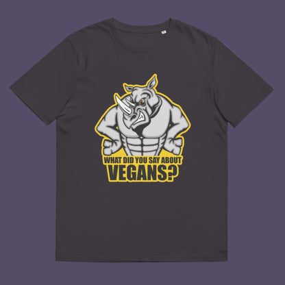 Anthracite t-shirt. This vegan t-shirt design questions social awareness of a meat and dairy free diet. There is a misconception that most vegans are skinny or unhealthy. Just look at a rhino. Made from 100% organic ring-spun cotton, this plant based t-shirt is unisex, high-quality, super comfy, and best of all, eco-friendly.