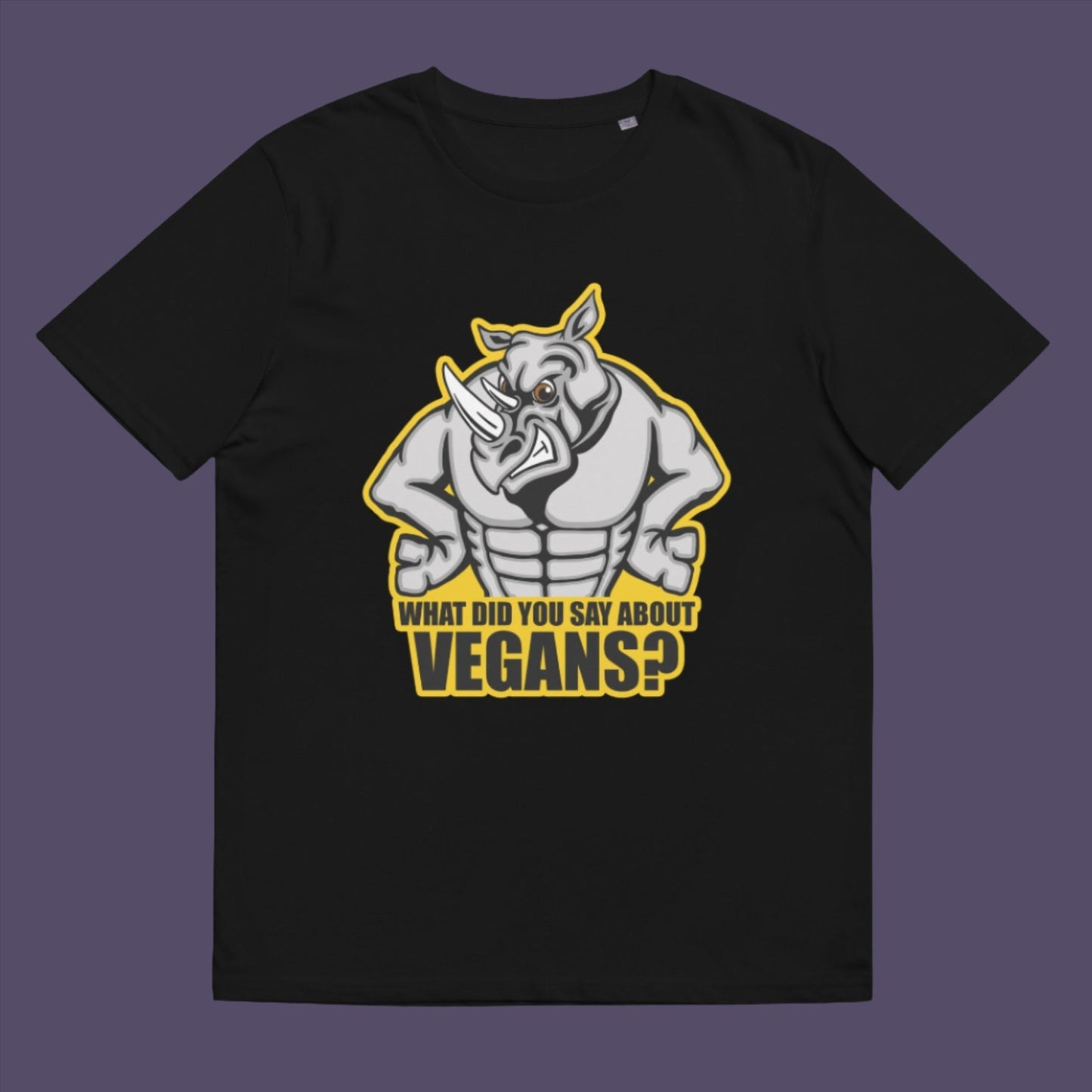 Black t-shirt. This vegan t-shirt design questions social awareness of a meat and dairy free diet. There is a misconception that most vegans are skinny or unhealthy. Just look at a rhino. Made from 100% organic ring-spun cotton, this plant based t-shirt is unisex, high-quality, super comfy, and best of all, eco-friendly.