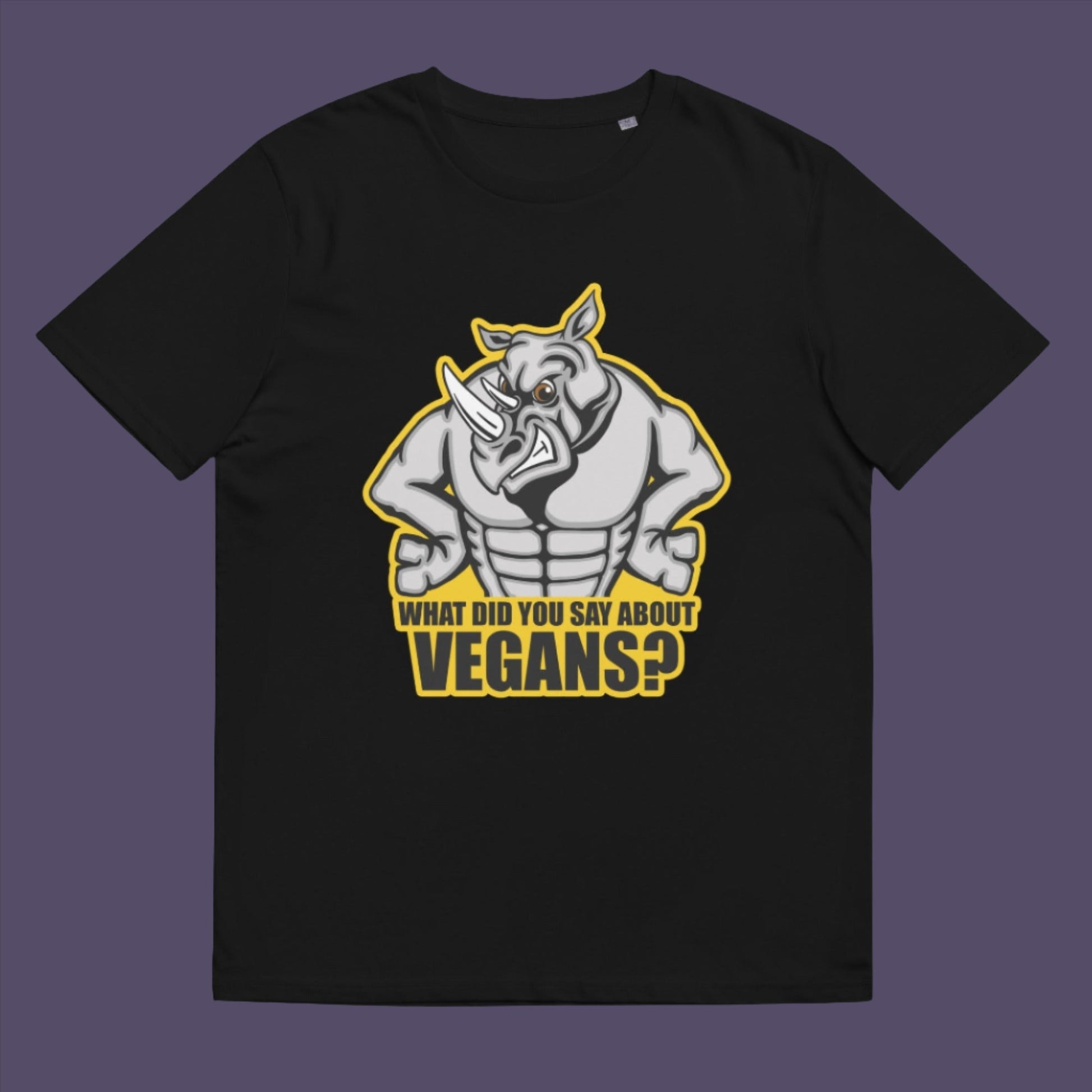 Black t-shirt. This vegan t-shirt design questions social awareness of a meat and dairy free diet. There is a misconception that most vegans are skinny or unhealthy. Just look at a rhino. Made from 100% organic ring-spun cotton, this plant based t-shirt is unisex, high-quality, super comfy, and best of all, eco-friendly.