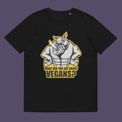 Black t-shirt. This vegan t-shirt design questions social awareness of a meat and dairy free diet. There is a misconception that most vegans are skinny or unhealthy. Just look at a rhino. Made from 100% organic ring-spun cotton, this plant based t-shirt is unisex, high-quality, super comfy, and best of all, eco-friendly.