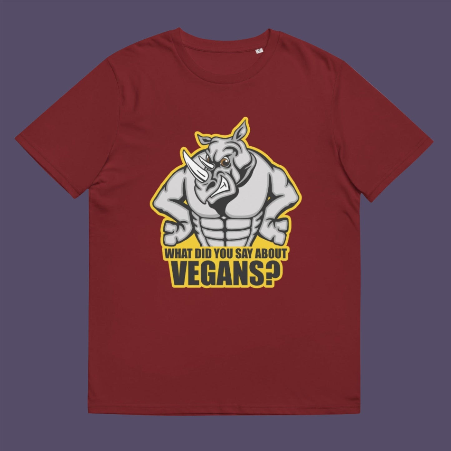 Burgundy t-shirt. This vegan t-shirt design questions social awareness of a meat and dairy free diet. There is a misconception that most vegans are skinny or unhealthy. Just look at a rhino. Made from 100% organic ring-spun cotton, this plant based t-shirt is unisex, high-quality, super comfy, and best of all, eco-friendly.