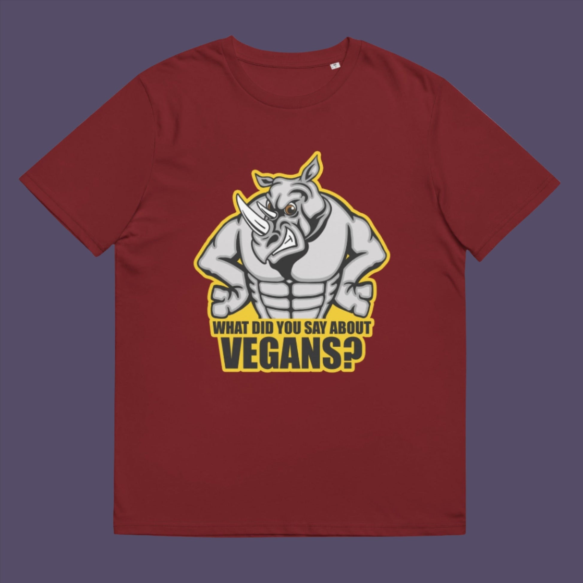 Burgundy t-shirt. This vegan t-shirt design questions social awareness of a meat and dairy free diet. There is a misconception that most vegans are skinny or unhealthy. Just look at a rhino. Made from 100% organic ring-spun cotton, this plant based t-shirt is unisex, high-quality, super comfy, and best of all, eco-friendly.
