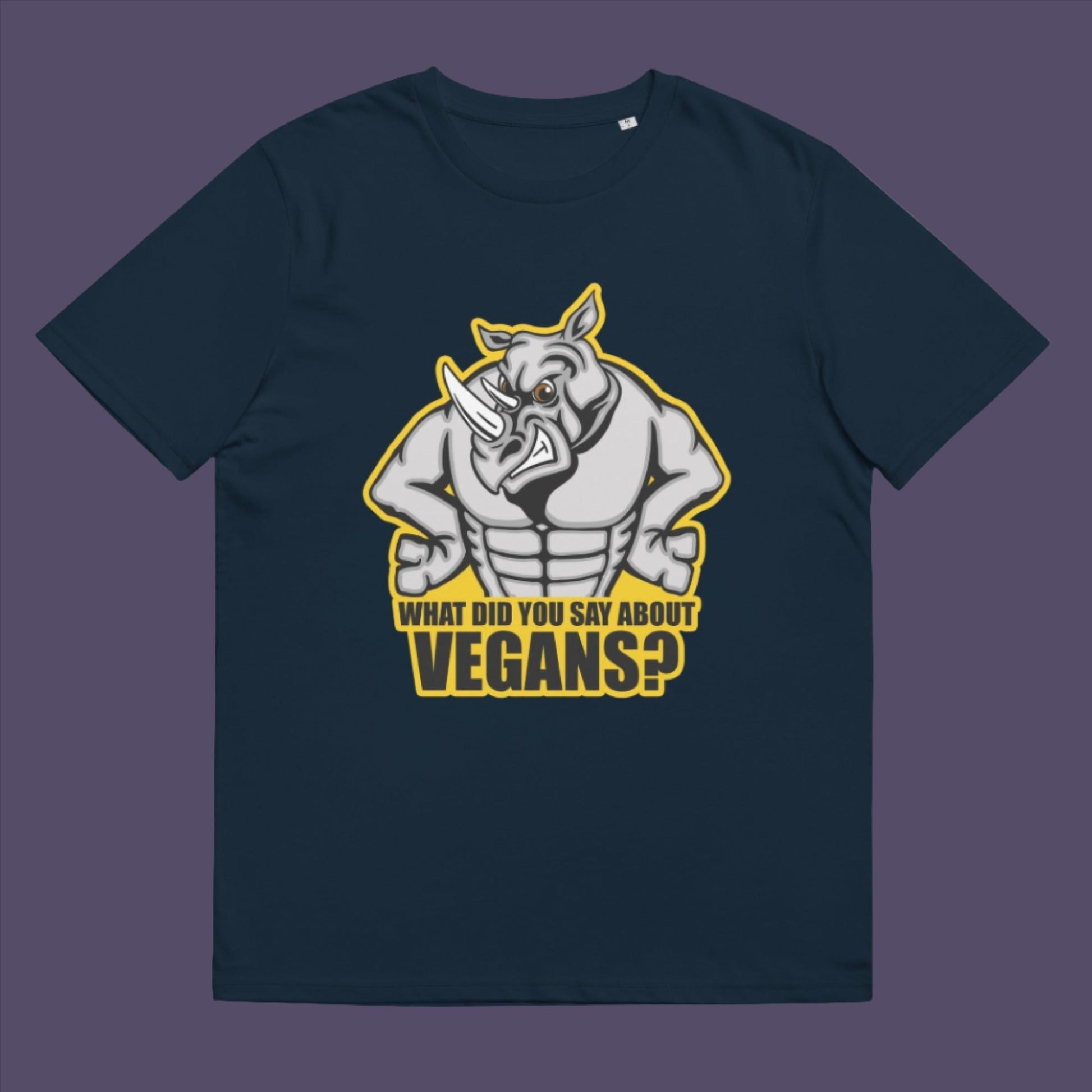 French navy t-shirt. This vegan t-shirt design questions social awareness of a meat and dairy free diet. There is a misconception that most vegans are skinny or unhealthy. Just look at a rhino. Made from 100% organic ring-spun cotton, this plant based t-shirt is unisex, high-quality, super comfy, and best of all, eco-friendly.