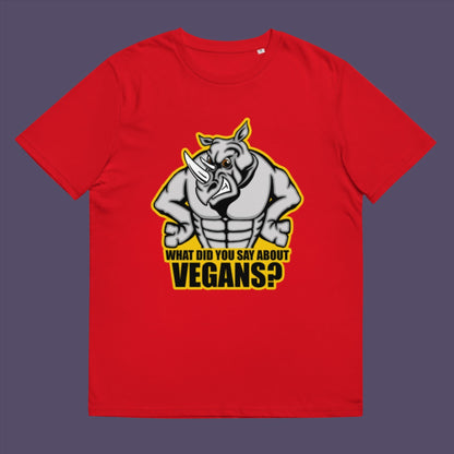 Red t-shirt. This vegan t-shirt design questions social awareness of a meat and dairy free diet. There is a misconception that most vegans are skinny or unhealthy. Just look at a rhino. Made from 100% organic ring-spun cotton, this plant based t-shirt is unisex, high-quality, super comfy, and best of all, eco-friendly.
