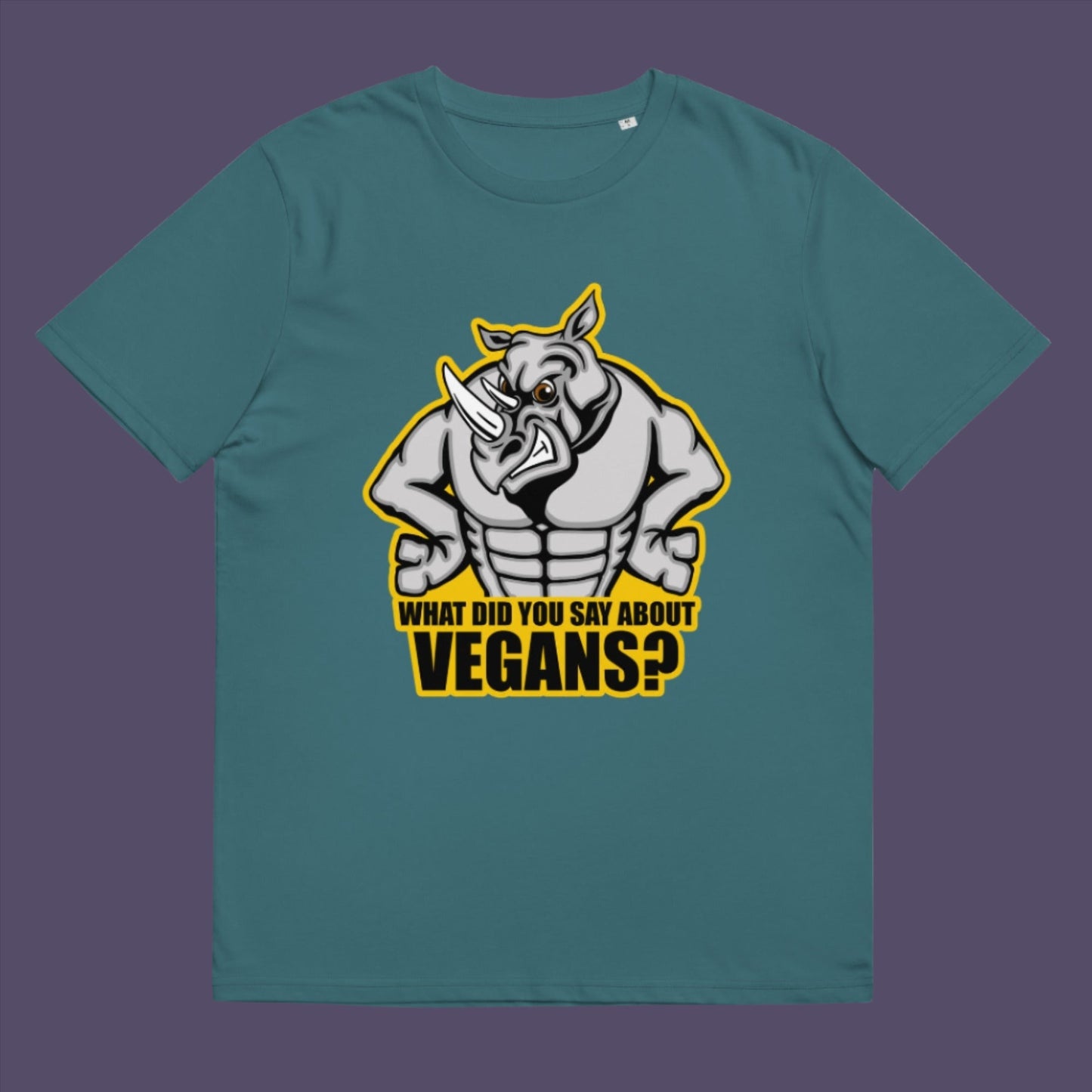 Stargazer t-shirt. This vegan t-shirt design questions social awareness of a meat and dairy free diet. There is a misconception that most vegans are skinny or unhealthy. Just look at a rhino. Made from 100% organic ring-spun cotton, this plant based t-shirt is unisex, high-quality, super comfy, and best of all, eco-friendly.
