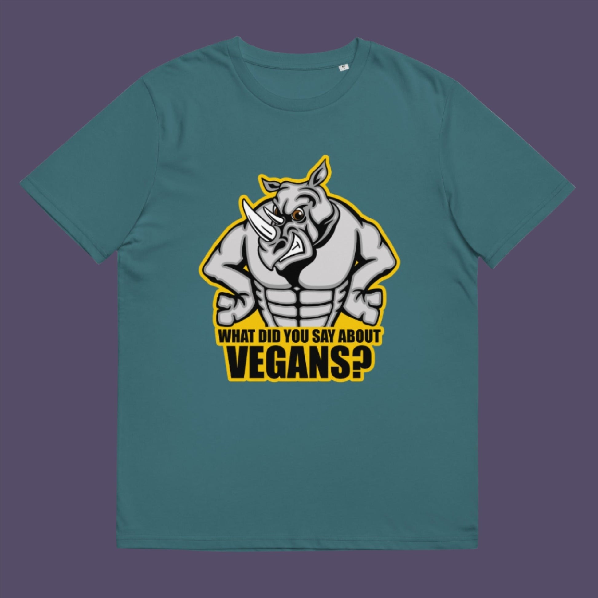Stargazer t-shirt. This vegan t-shirt design questions social awareness of a meat and dairy free diet. There is a misconception that most vegans are skinny or unhealthy. Just look at a rhino. Made from 100% organic ring-spun cotton, this plant based t-shirt is unisex, high-quality, super comfy, and best of all, eco-friendly.