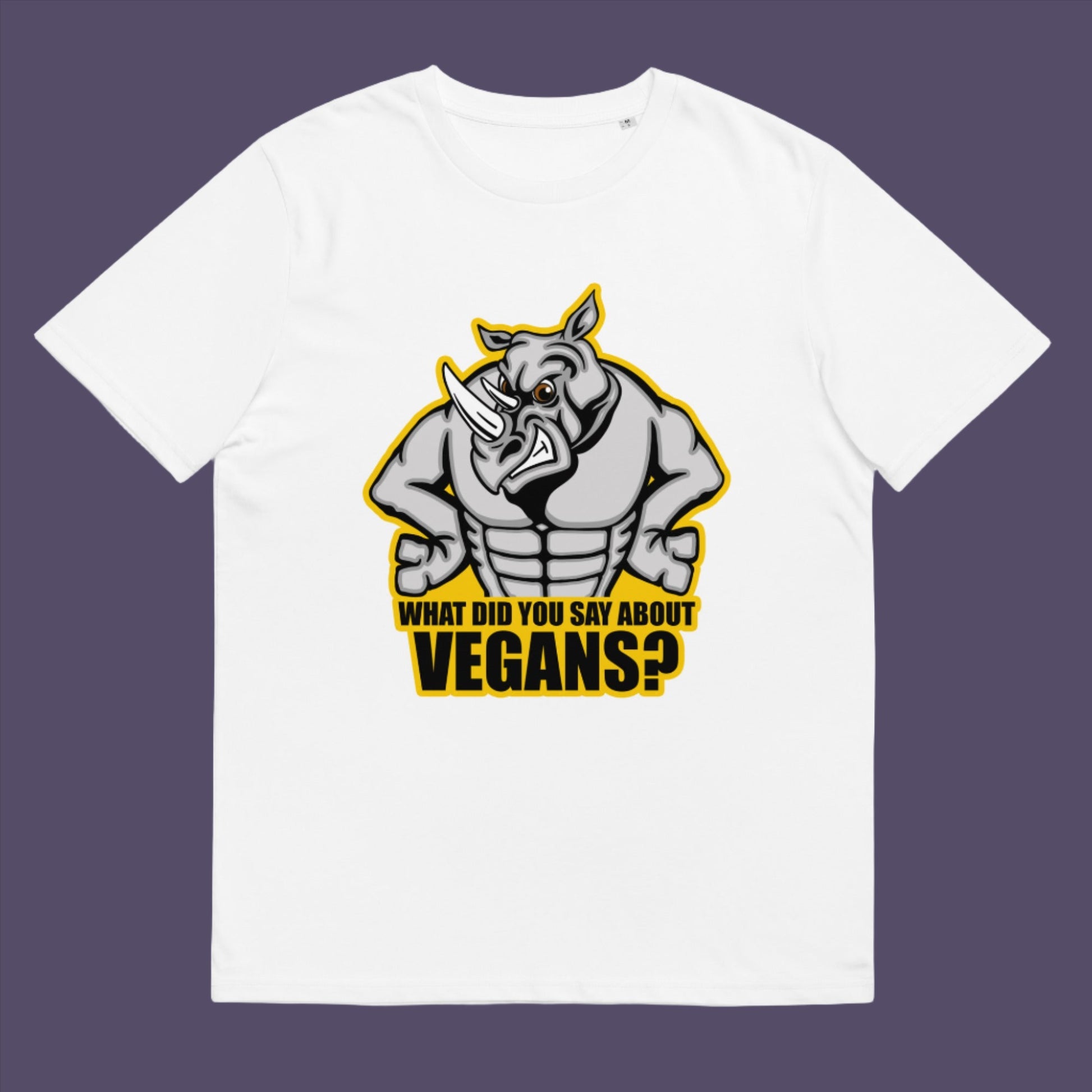 White t-shirt. This vegan t-shirt design questions social awareness of a meat and dairy free diet. There is a misconception that most vegans are skinny or unhealthy. Just look at a rhino. Made from 100% organic ring-spun cotton, this plant based t-shirt is unisex, high-quality, super comfy, and best of all, eco-friendly.