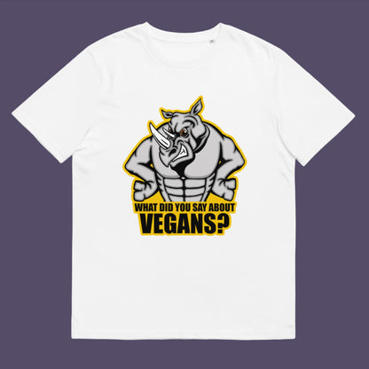 White t-shirt. This vegan t-shirt design questions social awareness of a meat and dairy free diet. There is a misconception that most vegans are skinny or unhealthy. Just look at a rhino. Made from 100% organic ring-spun cotton, this plant based t-shirt is unisex, high-quality, super comfy, and best of all, eco-friendly.