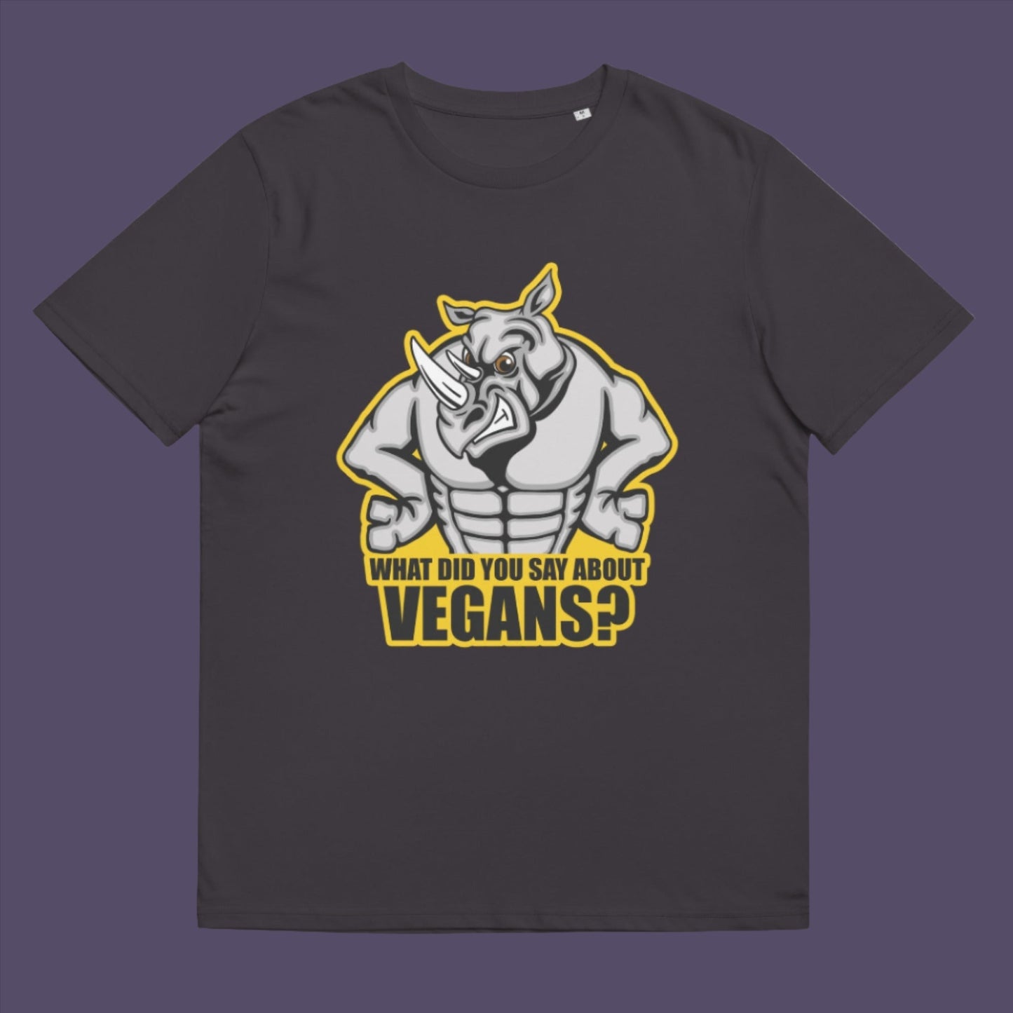 Anthracite t-shirt. This vegan dairy free t-shirt design questions social awareness of a meat and dairy free diet. There is a misconception that most vegans are skinny or unhealthy. Just look at a rhino. Made from 100% organic ring-spun cotton, this meat free t shirt is unisex, high-quality, super comfy, and best of all, eco-friendly.