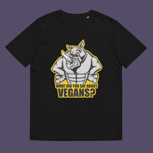 Black t-shirt. This vegan dairy free t-shirt design questions social awareness of a meat and dairy free diet. There is a misconception that most vegans are skinny or unhealthy. Just look at a rhino. Made from 100% organic ring-spun cotton, this meat free t shirt is unisex, high-quality, super comfy, and best of all, eco-friendly.