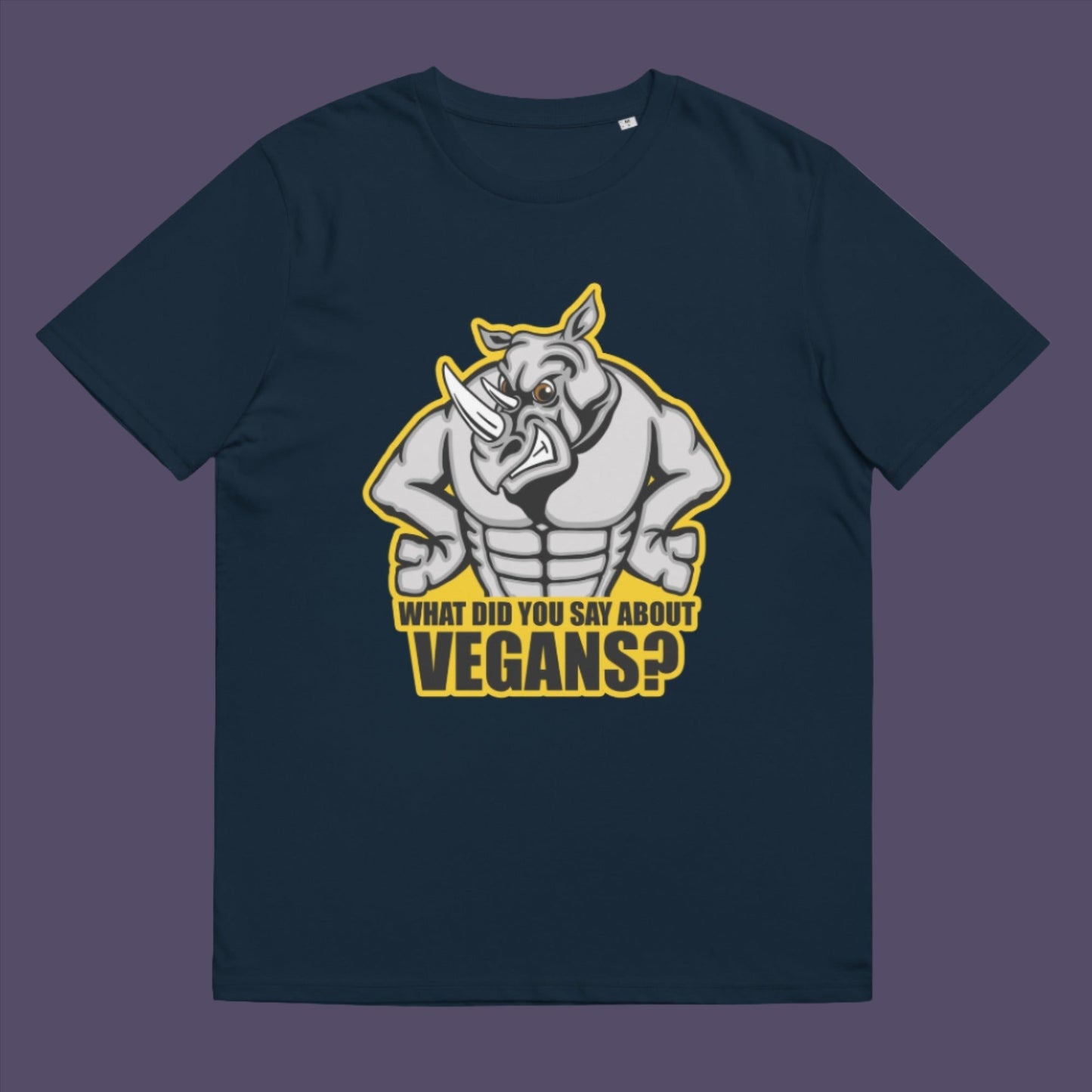 French navy t-shirt. This vegan dairy free t-shirt design questions social awareness of a meat and dairy free diet. There is a misconception that most vegans are skinny or unhealthy. Just look at a rhino. Made from 100% organic ring-spun cotton, this meat free t shirt is unisex, high-quality, super comfy, and best of all, eco-friendly.