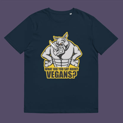 French navy t-shirt. This vegan dairy free t-shirt design questions social awareness of a meat and dairy free diet. There is a misconception that most vegans are skinny or unhealthy. Just look at a rhino. Made from 100% organic ring-spun cotton, this meat free t shirt is unisex, high-quality, super comfy, and best of all, eco-friendly.