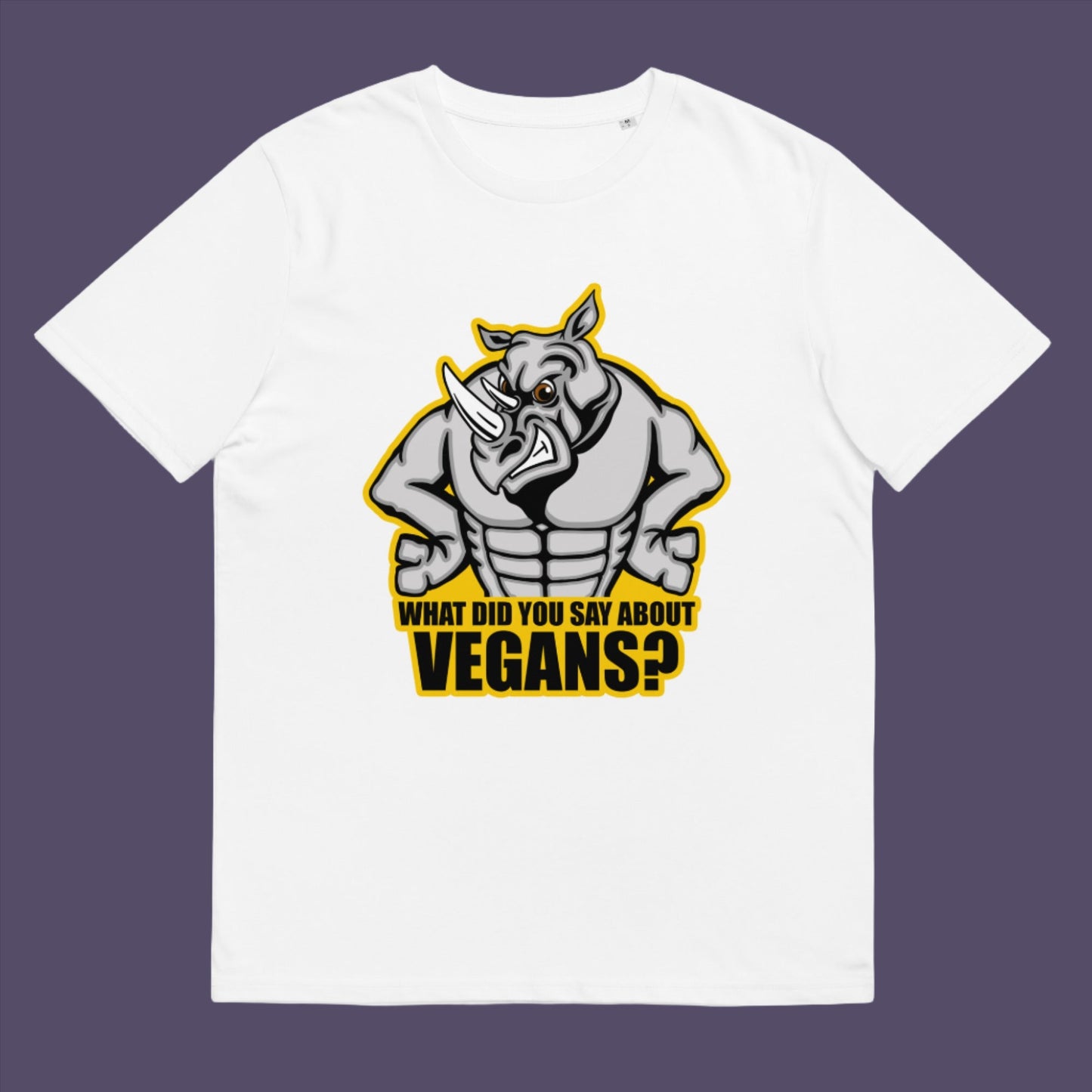 White t-shirt. This vegan dairy free t-shirt design questions social awareness of a meat and dairy free diet. There is a misconception that most vegans are skinny or unhealthy. Just look at a rhino. Made from 100% organic ring-spun cotton, this meat free t shirt is unisex, high-quality, super comfy, and best of all, eco-friendly.