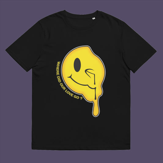 Black t-shirt. An old skool 90's acid house t shirt. This design is a tribute to 90's house music and the love that was felt around the scene. What happened ? Made from 100% organic ring-spun cotton, this 90's acid house t shirt is unisex, high-quality, super comfy, and best of all, eco-friendly.