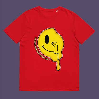 Red t-shirt. An old skool 90's acid house t shirt. This design is a tribute to 90's house music and the love that was felt around the scene. What happened ? Made from 100% organic ring-spun cotton, this 90's acid house t shirt is unisex, high-quality, super comfy, and best of all, eco-friendly.