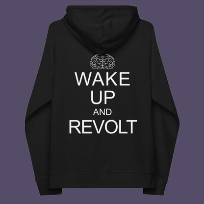 A play on the ' Keep Calm ' series of designs. Maybe it would be wiser to wake up and revolt before it's too late. • Outside: 100% organic cotton • Charcoal melange is 60% cotton, 40% recycled polyester • Inside for all colors: 80% organic cotton, 20% recycled polyester • Brushed lining • Regular fit • Raglan sleeves • Ribbed cuffs and hem • Drawstrings with metal eyelets and stoppers • Jersey-lined hood • Blank product sourced from Bangladesh