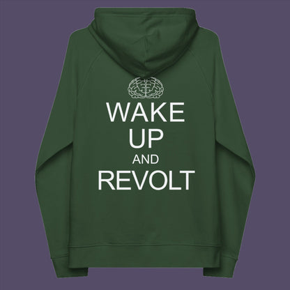 A play on the ' Keep Calm ' series of designs. Maybe it would be wiser to wake up and revolt before it's too late. • Outside: 100% organic cotton • Charcoal melange is 60% cotton, 40% recycled polyester • Inside for all colors: 80% organic cotton, 20% recycled polyester • Brushed lining • Regular fit • Raglan sleeves • Ribbed cuffs and hem • Drawstrings with metal eyelets and stoppers • Jersey-lined hood • Blank product sourced from Bangladesh