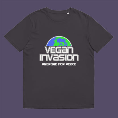 Vegan Invasion , Prepare For Peace. There are more and more people turning vegan these days, maybe there's peace on the horizon.  Made from 100% organic ring-spun cotton, this unisex t-shirt is a total must-have. It's high-quality, super comfy, and best of all—eco-friendly.