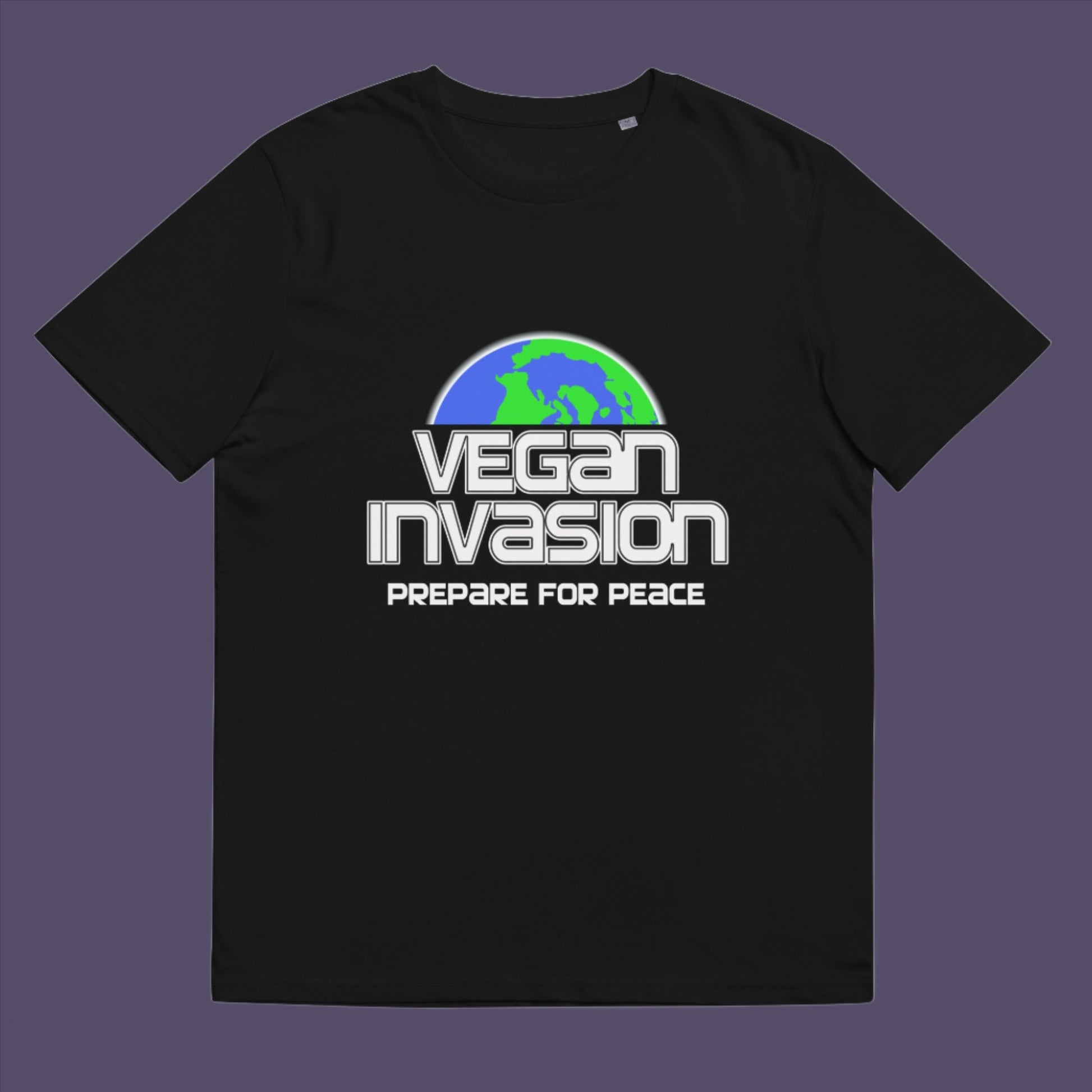 Vegan Invasion , Prepare For Peace. There are more and more people turning vegan these days, maybe there's peace on the horizon.  Made from 100% organic ring-spun cotton, this unisex t-shirt is a total must-have. It's high-quality, super comfy, and best of all—eco-friendly.
