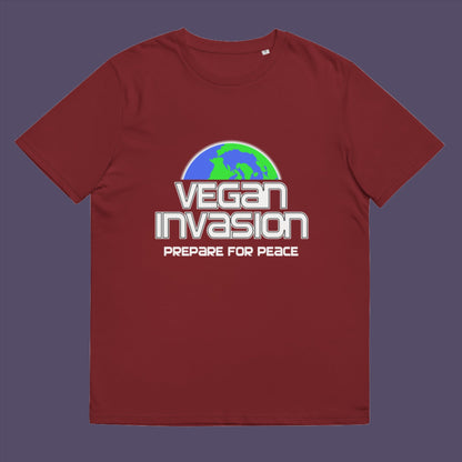 Vegan Invasion , Prepare For Peace. There are more and more people turning vegan these days, maybe there's peace on the horizon.  Made from 100% organic ring-spun cotton, this unisex t-shirt is a total must-have. It's high-quality, super comfy, and best of all—eco-friendly.
