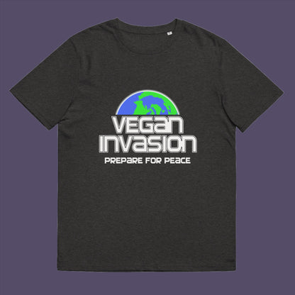 Vegan Invasion , Prepare For Peace. There are more and more people turning vegan these days, maybe there's peace on the horizon.  Made from 100% organic ring-spun cotton, this unisex t-shirt is a total must-have. It's high-quality, super comfy, and best of all—eco-friendly.