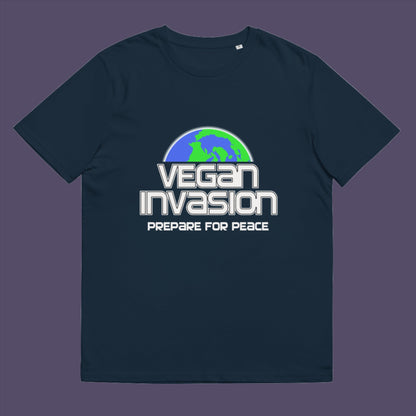 Vegan Invasion , Prepare For Peace. There are more and more people turning vegan these days, maybe there's peace on the horizon.  Made from 100% organic ring-spun cotton, this unisex t-shirt is a total must-have. It's high-quality, super comfy, and best of all—eco-friendly.