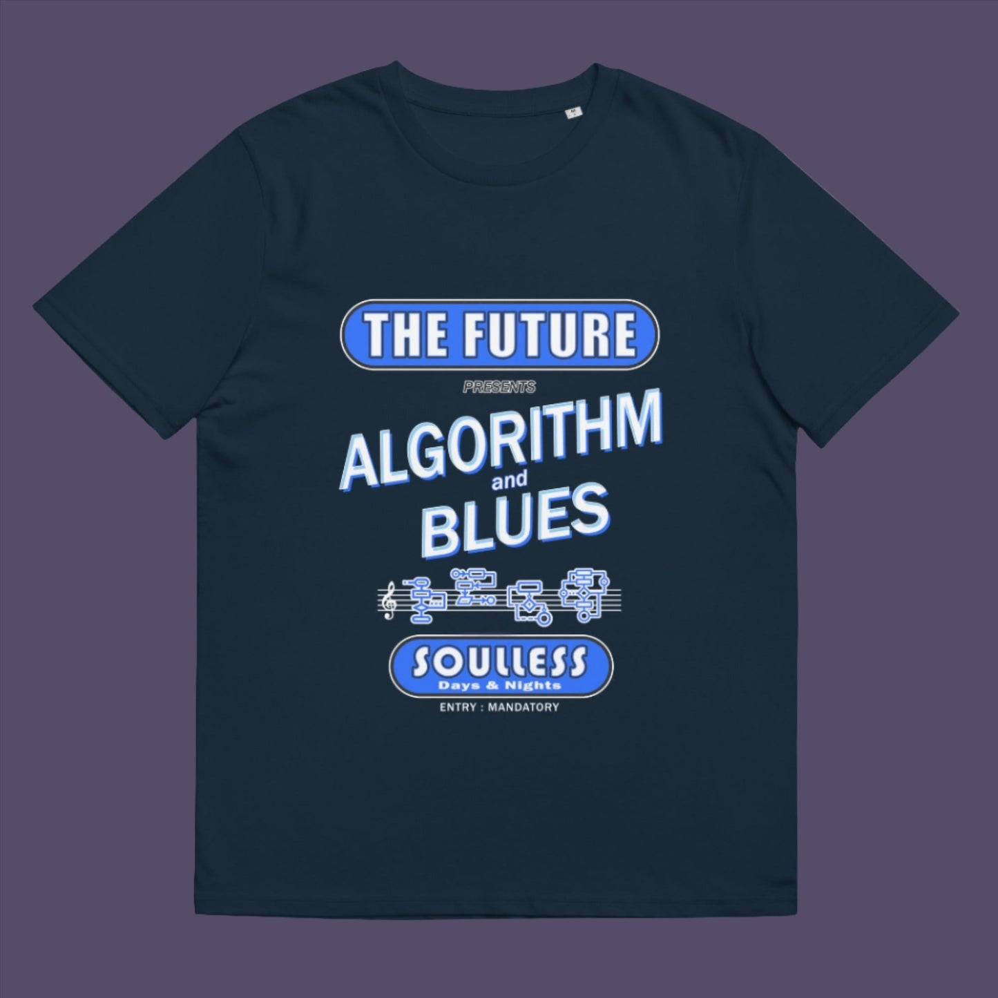 This design is a play on an old music poster and a joke of what the future may hold in a world that is decided on algorithms  Made from 100% organic ring-spun cotton, this unisex t-shirt is a total must-have. It's high-quality, super comfy, and best of all—eco-friendly.